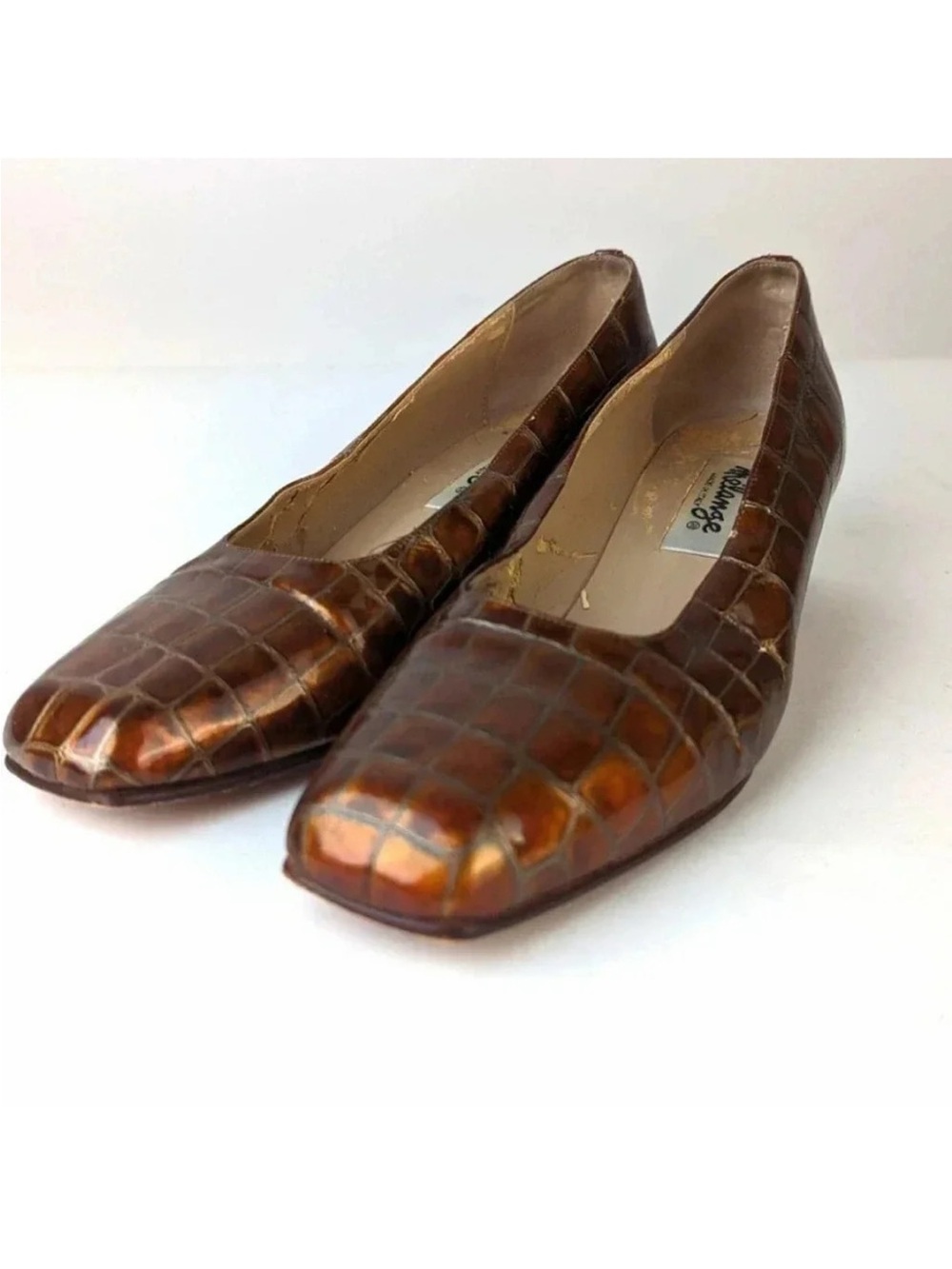 Melange Brown Croc-Embossed Leather Ballet Block Heels